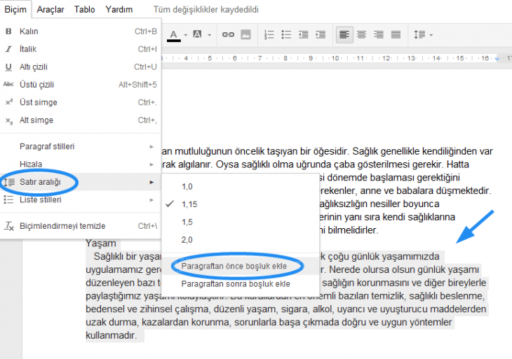 Google Dökümanlar Biçim Menüsü 2